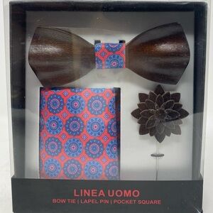 Linea Uomo Men Wooden Bow Tie Lapel Pin Pocket Square Set